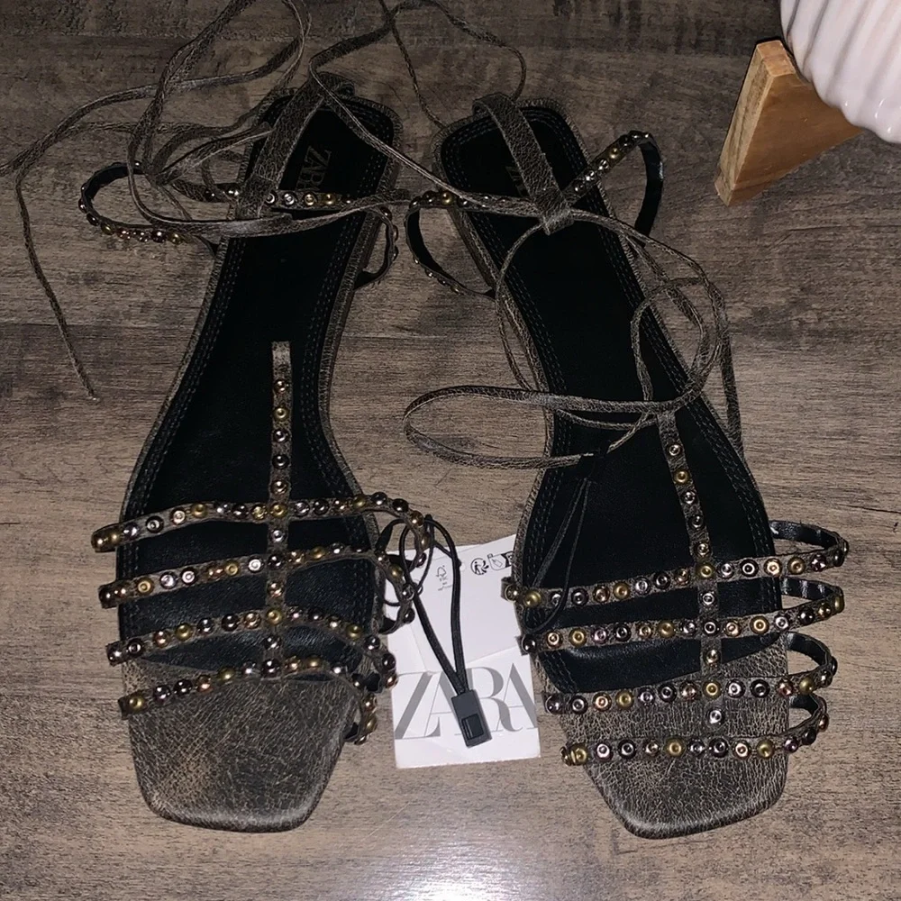 NWT ZARA LEATHER SQUARE TOE LACE UP SANDALS - Picture 8 of 11